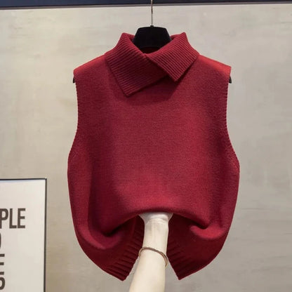 Red high-neck sleeveless ladies sweater vest jacket, solid color knitting pullover waistcoat top for spring and autumn.