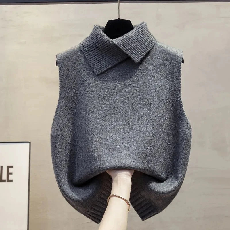 Red high-neck sleeveless women's sweater vest jacket, high-end solid color knitting pullover waistcoat top.