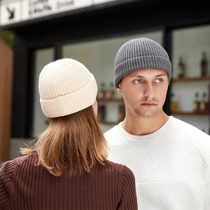 Red knitted wool beanie hat for men and women, stylish warm skullies and beanies for autumn and winter.