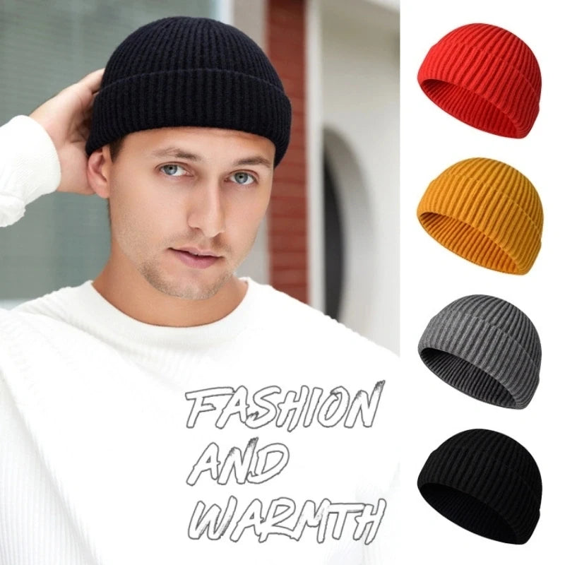 Red knitted beanie cap for men and women, warm wool hat with simple, solid design, perfect for autumn and winter fashion.
