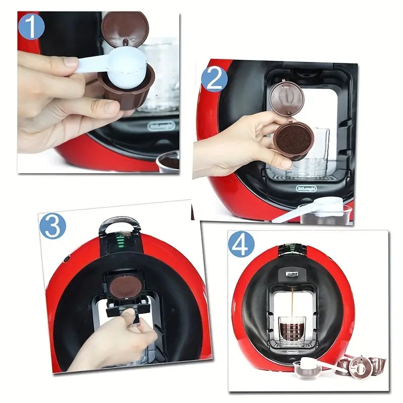 Red reusable coffee capsule filter for coffee machine, compatible with various models, ideal for eco-friendly brewing.