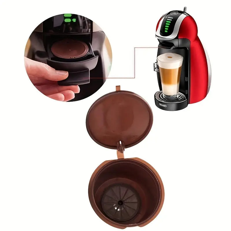 Red reusable coffee capsule filter for coffee machine, compatible with espresso makers, designed for eco-friendly brewing.