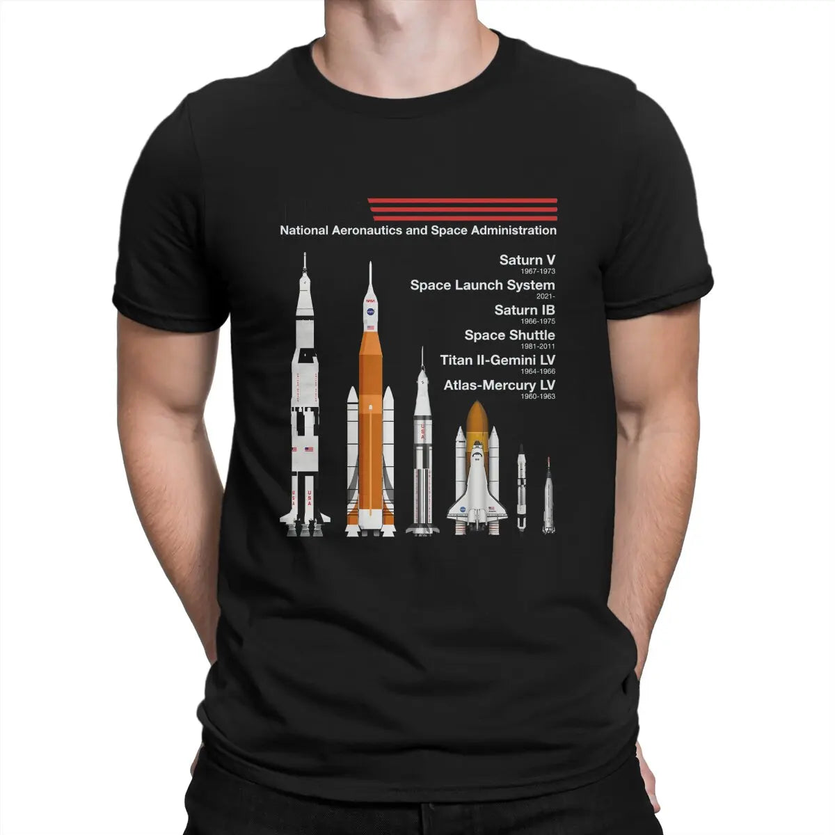 SpaceX Raptor Saturn VSLS Saturn IB space shuttle graphic T-shirt for men, vintage goth summer cotton top with bold space design.