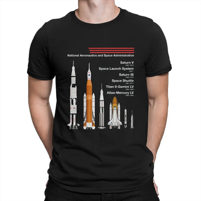 SpaceX Raptor Saturn VSLS Saturn IB space shuttle graphic T-shirt for men, vintage goth summer cotton top with bold space design.