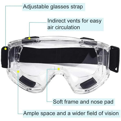 Clear lens safety goggles by BACKUPMYFILESNOW.COM® with anti-fog, anti-splash, dust-proof features for lab and industrial eye protection.