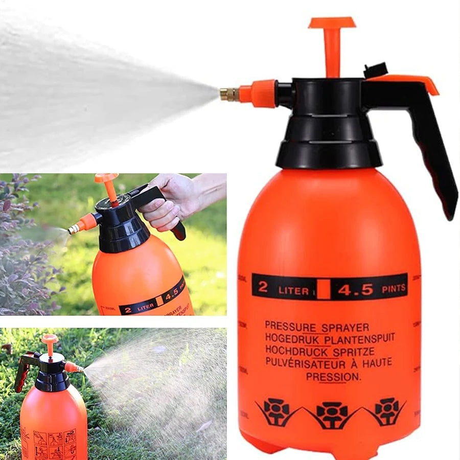 Red watering can with a spray nozzle for indoor plants, garden watering, and flower irrigation, suitable for home gardening.