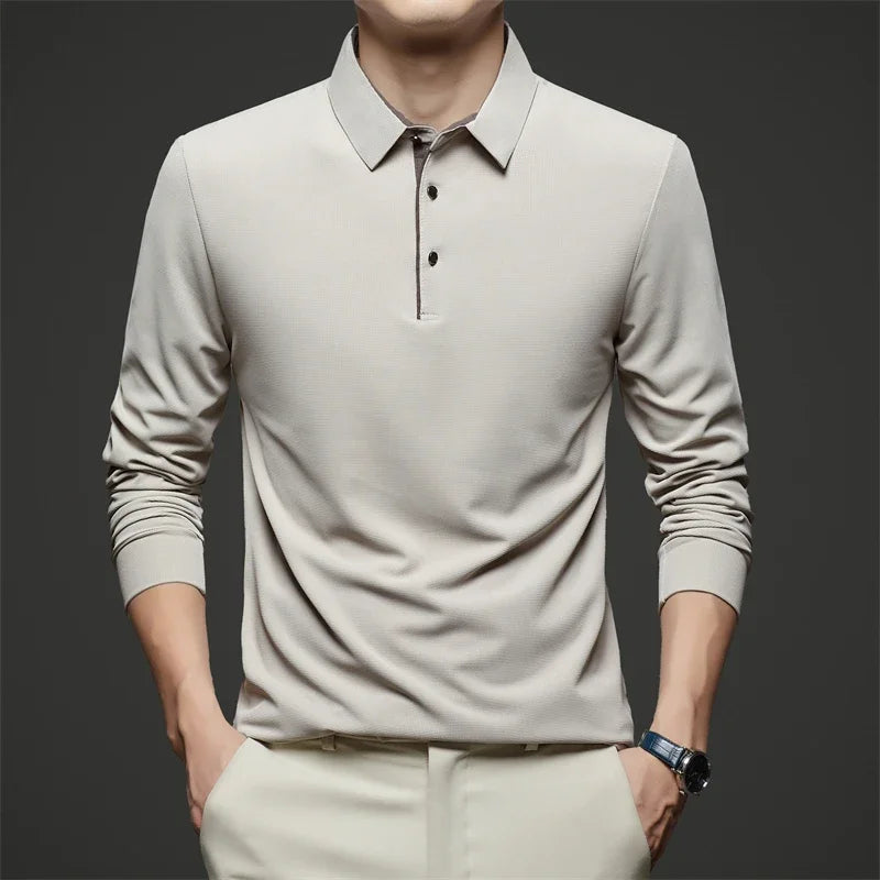 Red men's business casual long sleeve polo shirt by BACKUPMYFILESNOW.COM®, stylish, warm, comfortable, versatile for all seasons.