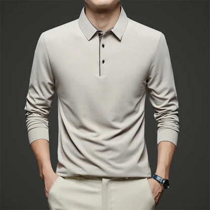 Red men's business casual long sleeve polo shirt by BACKUPMYFILESNOW.COM®, stylish, warm, comfortable, versatile for all seasons.