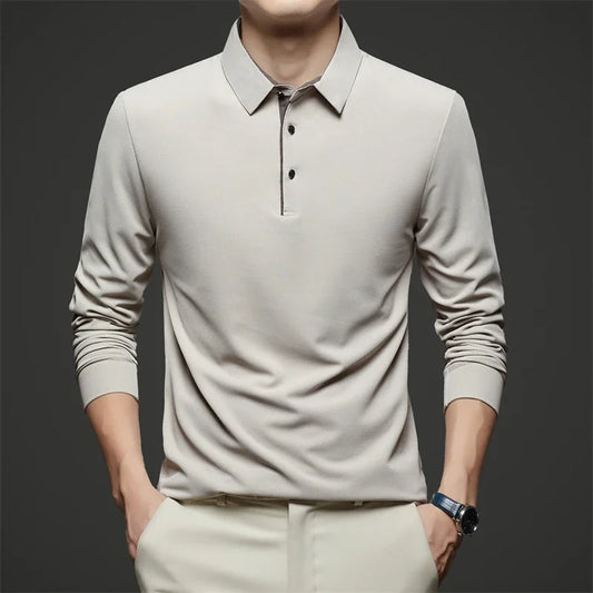 Red men's business casual long sleeve polo shirt by BACKUPMYFILESNOW.COM®, stylish, warm, comfortable, versatile for all seasons.
