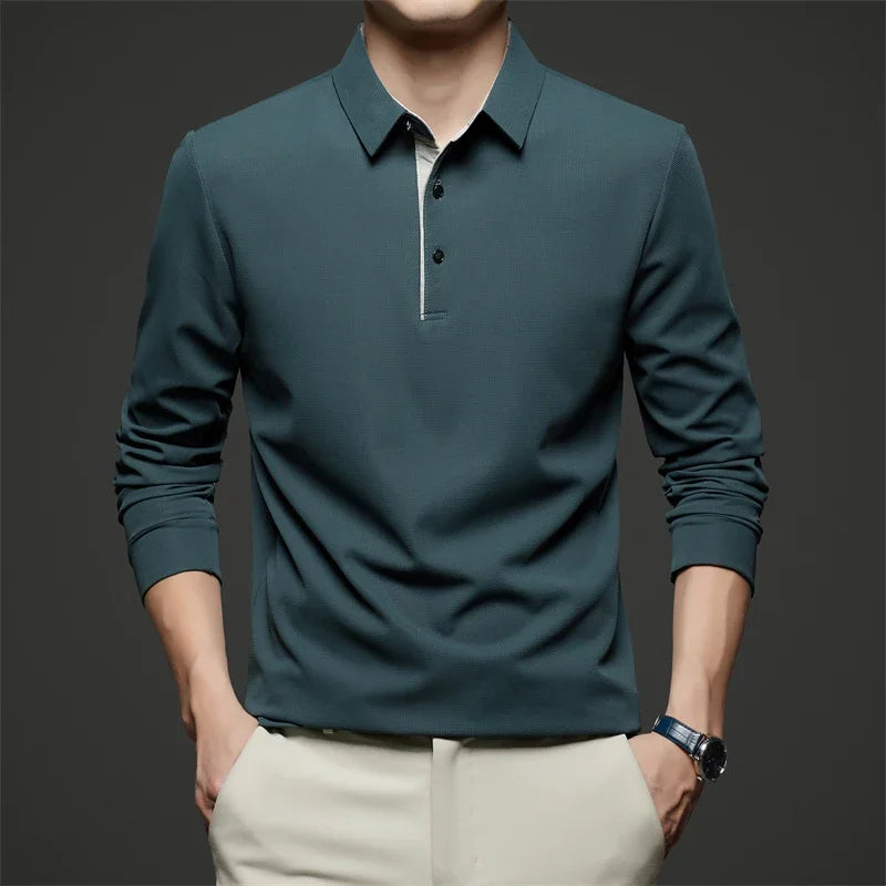 Men's red long sleeve polo shirt from BACKUPMYFILESNOW.COM®, casual and versatile for all seasons, warm and comfortable.