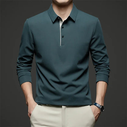 Men's red long sleeve polo shirt from BACKUPMYFILESNOW.COM®, casual and versatile for all seasons, warm and comfortable.