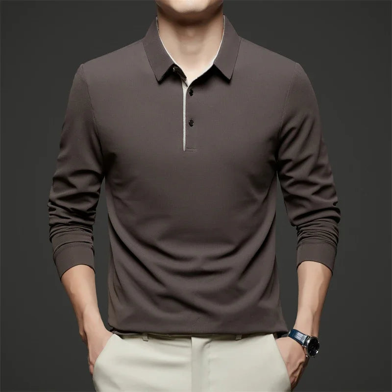 Men's red long sleeve polo shirt by BACKUPMYFILESNOW.COM®, stylish, warm, versatile for four seasons, casual business wear.