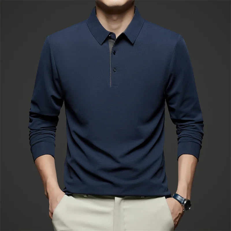 Men's red long sleeve polo shirt by BACKUPMYFILESNOW.COM, versatile and comfortable business casual top for four seasons.