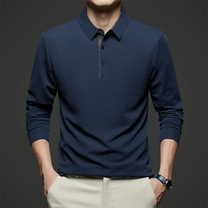Men's red long sleeve polo shirt by BACKUPMYFILESNOW.COM, versatile and comfortable business casual top for four seasons.