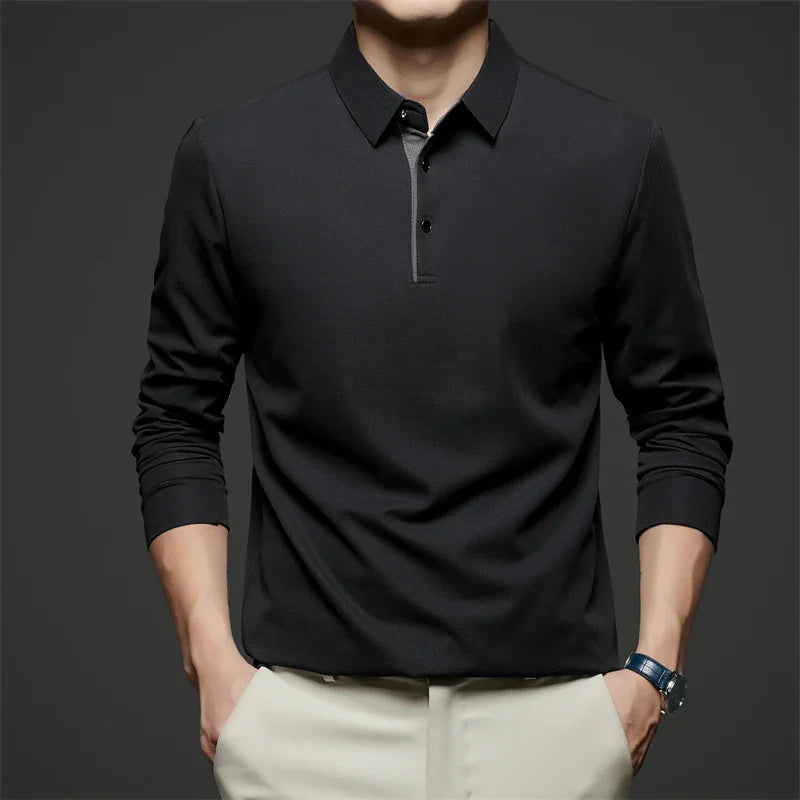 Red men's business casual long sleeve polo shirt by BACKUPMYFILESNOW.COM, stylish, warm, versatile for all seasons.