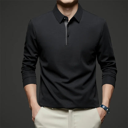 Red men's business casual long sleeve polo shirt by BACKUPMYFILESNOW.COM, stylish, warm, versatile for all seasons.