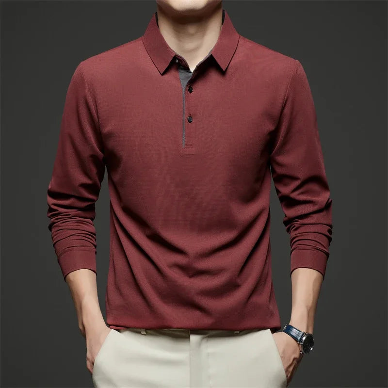 Red men's business casual long sleeve polo shirt by BACKUPMYFILESNOW.COM®, warm, comfortable, versatile for four seasons.