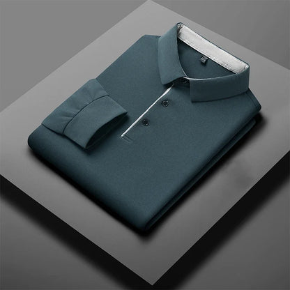 Red men's business casual long sleeve polo shirt by BACKUPMYFILESNOW.COM®, stylish, warm, comfortable, versatile for all seasons.