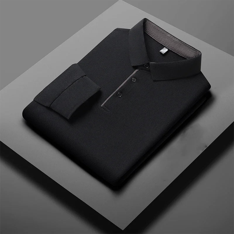 Red men's business casual long sleeve polo shirt by BACKUPMYFILESNOW.COM®, stylish, warm, comfortable, versatile for all seasons.