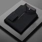 Red men's business casual long sleeve polo shirt by BACKUPMYFILESNOW.COM®, stylish, warm, comfortable, versatile for all seasons.