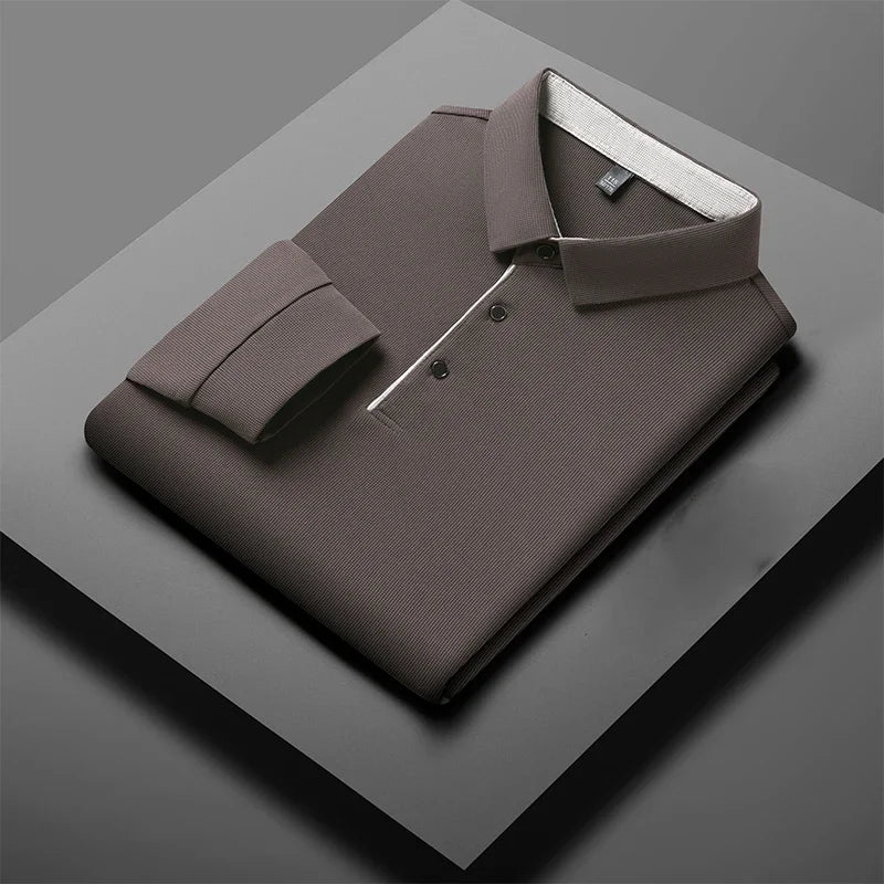Men's red business casual long sleeve polo shirt by BACKUPMYFILESNOW.COM®, stylish, warm, versatile for four seasons.