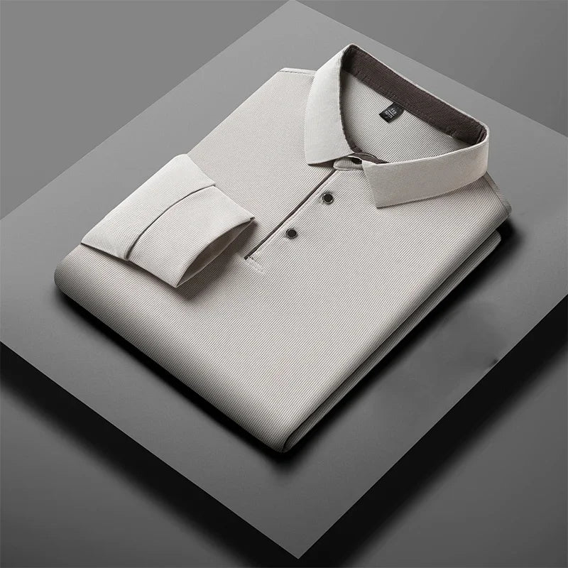 Men's red business casual long sleeve polo shirt by BACKUPMYFILESNOW.COM®, versatile, warm, and comfortable for four seasons.