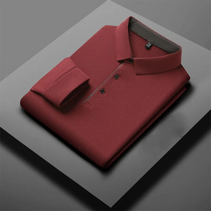 Red men's business casual long sleeve polo shirt by BACKUPMYFILESNOW.COM®, versatile, warm, comfortable for four seasons.