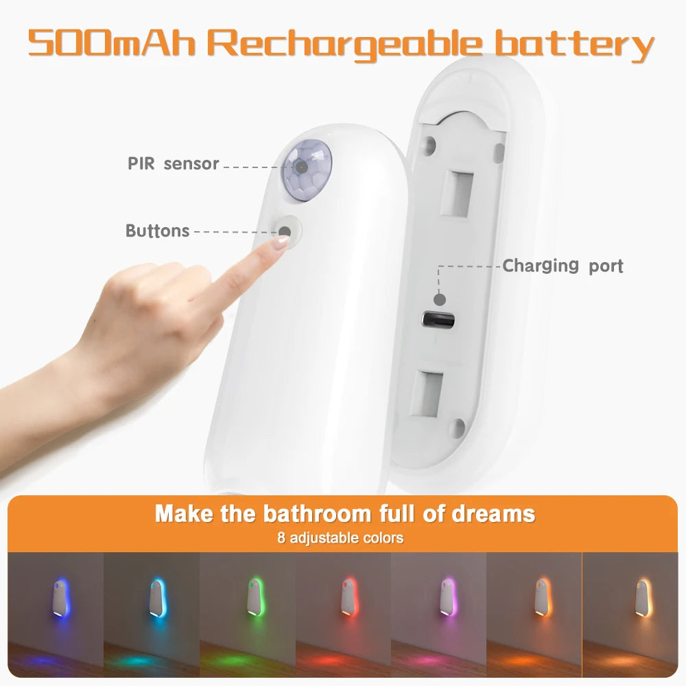 Smart toilet night light with 7-color RGB LED, motion sensor, gradient lighting for washroom and commode use.