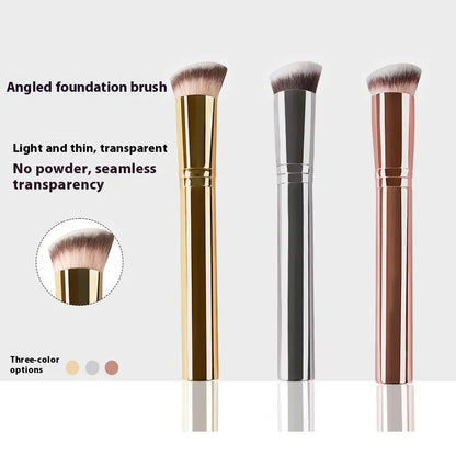 Rose gold professional foundation brush with synthetic hair, flat top and angled design, aluminum handle for precise makeup application.