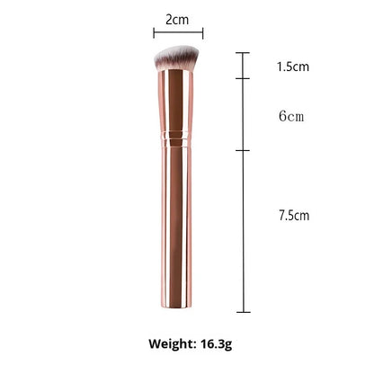 Rose gold professional foundation brush with synthetic hair, angled flat top, aluminum handle for makeup application.