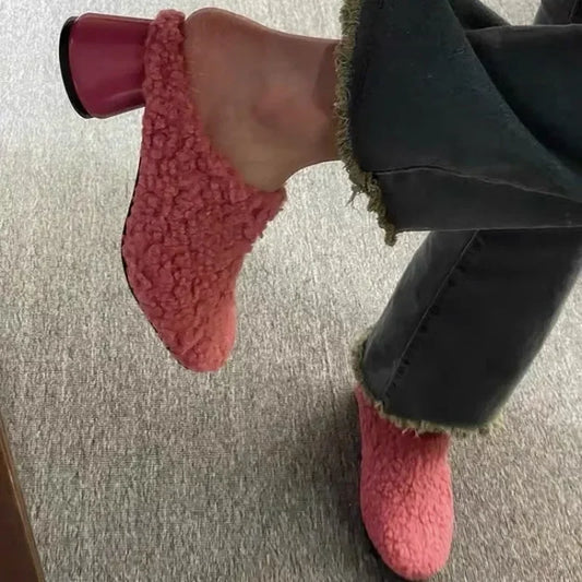 Rosy red women's slippers from BackupMyFilesNow 2024, with plush lining, solid heels, casual fashion style, perfect for daily wear.