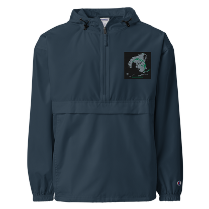 Royal blue unisex Champion packable anorak jacket from BACKUPMYFILESNOW.COM®, shown in 2XL size, lightweight and water-resistant.