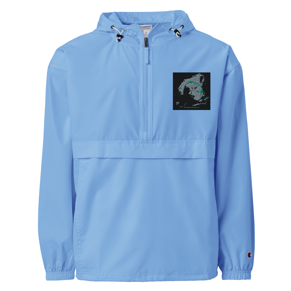 Royal blue unisex Champion packable anorak jacket, size 2XL, lightweight and weather-resistant, shown folded and partially worn.