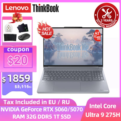 ThinkBook 16p 2025 laptop with Intel Core Ultra 9, GeForce RTX 5060/5070, 32GB DDR5, 1TB SSD, 16" 3.2K IPS display