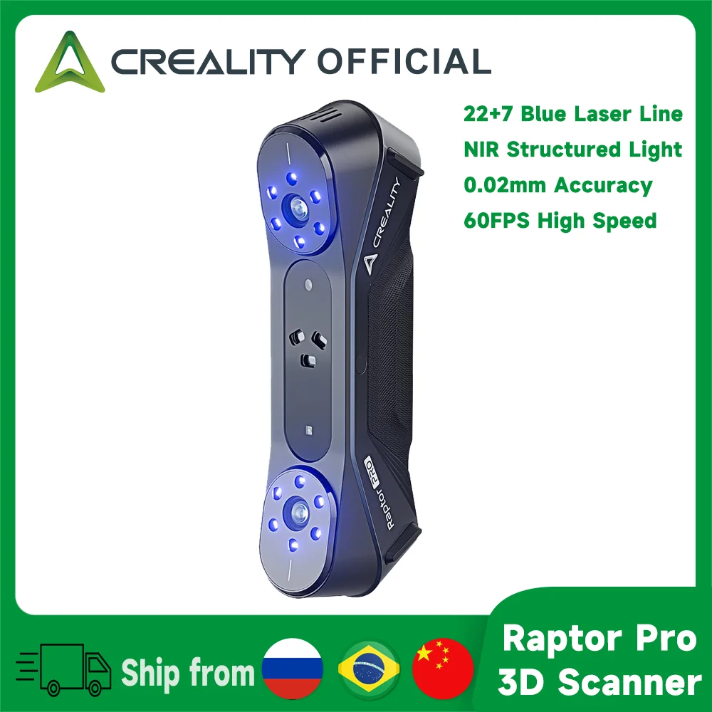 Creality Raptor Pro 3D Scanner with dual blue laser, NIR mode, 0.02mm accuracy, 60FPS, anti-shake, and 24-bit color capture.