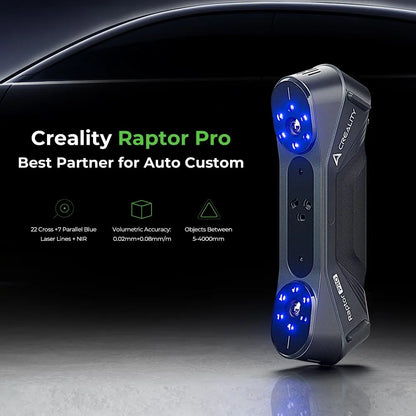 Creality Raptor Pro 3D Scanner with dual blue laser and NIR, 0.02mm accuracy, 60FPS, anti-shake tracking, 24-bit color.