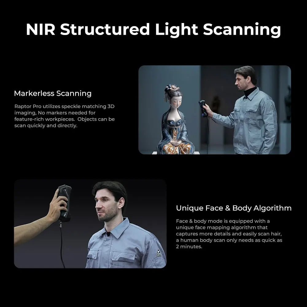 Creality Raptor Pro 3D Scanner with dual blue laser, NIR, 0.02mm accuracy, 60FPS, anti-shake, 24-bit color, detailed scanning image
