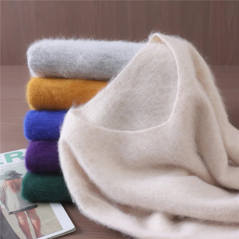Rust red mink cashmere sweater for women, long-sleeved, solid color, loose fit, wool knit, ideal for autumn and winter.