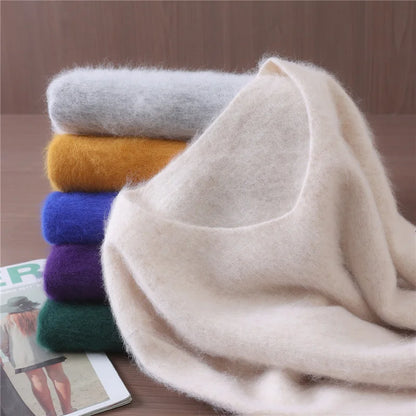 Rust red mink cashmere sweater for women, long-sleeved, solid color, loose fit, wool knit, ideal for autumn and winter.