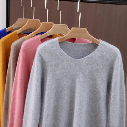 Rust red high-end female mink cashmere sweater with long sleeves, solid color wool knit, loose fit for autumn and winter.
