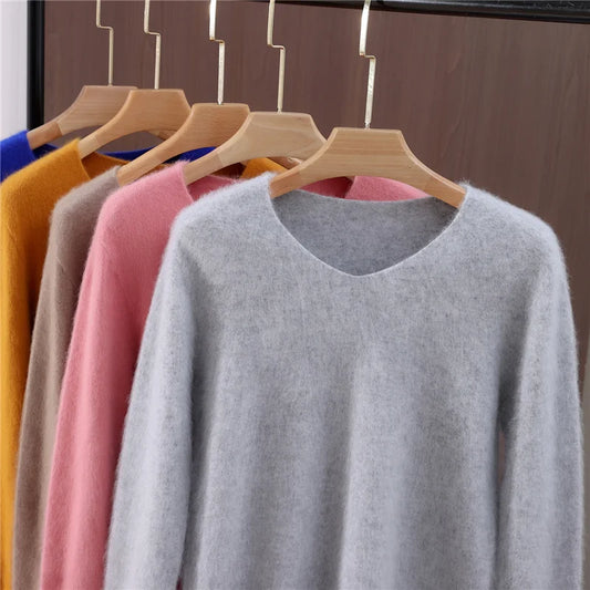 High-end female mink cashmere sweater by BackupMyFilesNow.com, solid color long-sleeve wool knit top for autumn and winter.