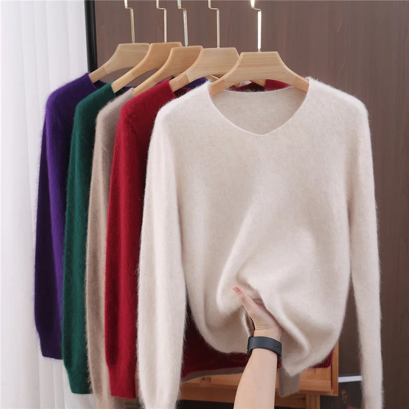 Rust red mink cashmere sweater for women, long-sleeved, solid color, loose fit, wool knit fabric for autumn and winter.