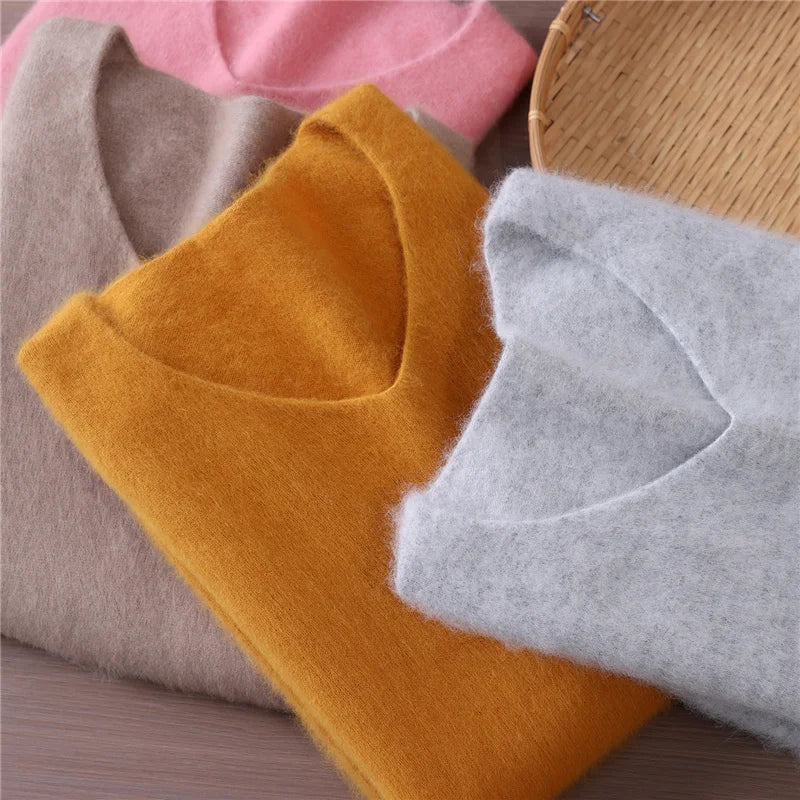 Rust red high-end female mink cashmere sweater with long sleeves, solid color wool knit, loose fit for autumn and winter.