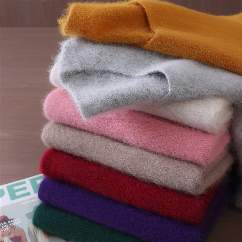 Rust red mink cashmere sweater for women with long sleeves, solid color, loose fit, and wool knit material for autumn and winter.