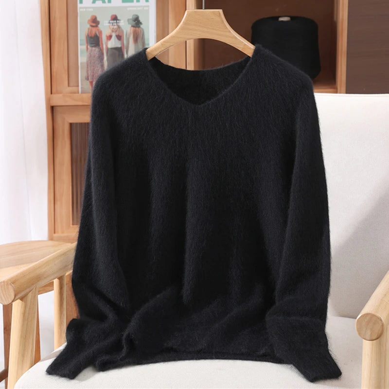 Rust red high-end female mink cashmere sweater with long sleeves, solid color wool knit, loose fit for autumn and winter.