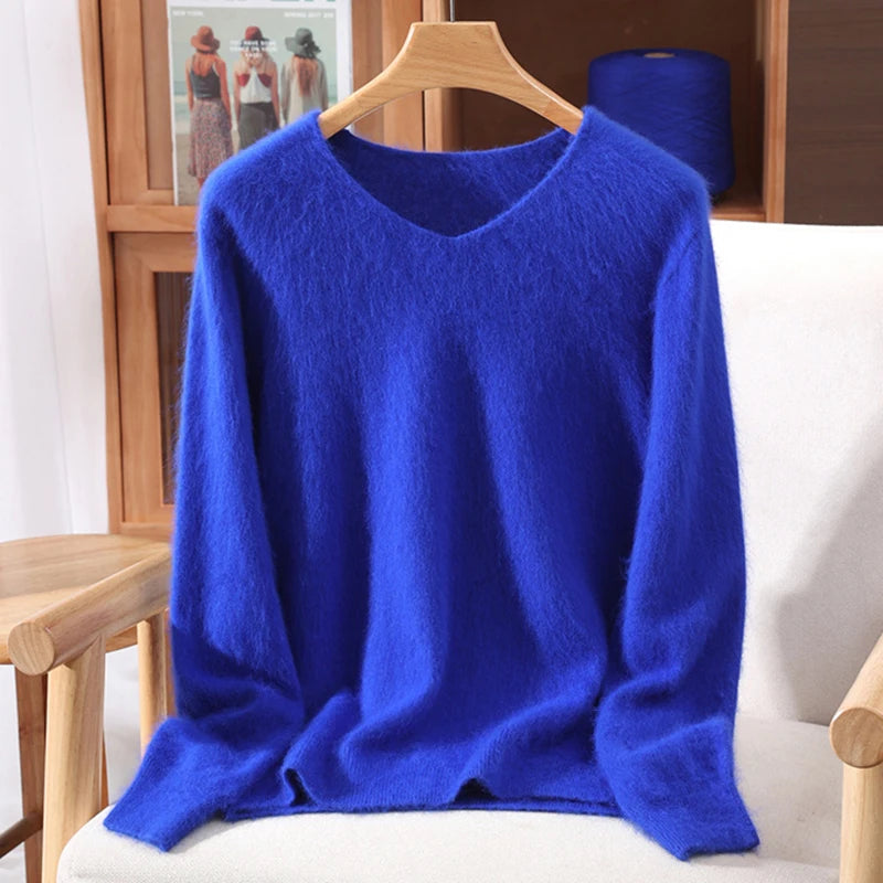Rust red high-end female mink cashmere sweater, long-sleeve wool knit loose top for autumn and winter fashion.
