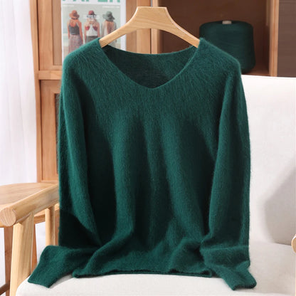 Rust red mink cashmere sweater for women, long-sleeved, solid color, loose fit, wool knit design for autumn and winter wear.