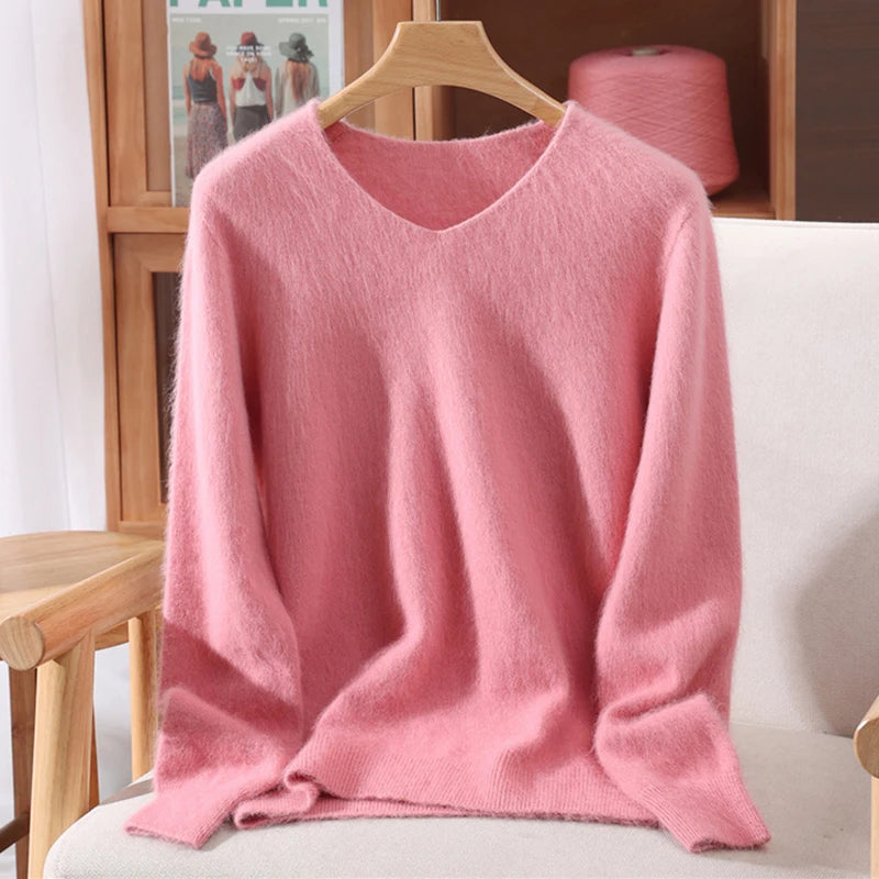 Rust red high-end female mink cashmere sweater with long sleeves, solid color, wool knit, loose fit for autumn and winter.
