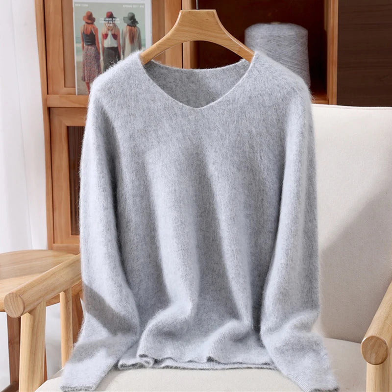 Rust red mink cashmere sweater for women, long-sleeved, solid color, loose fit, wool-knit, suitable for autumn and winter.