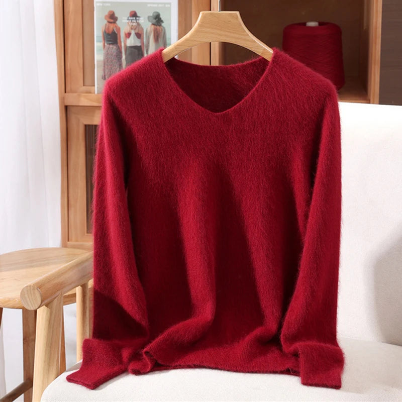 Rust red mink cashmere sweater for women, long-sleeved, solid color, loose fit, wool knit, perfect for autumn and winter.
